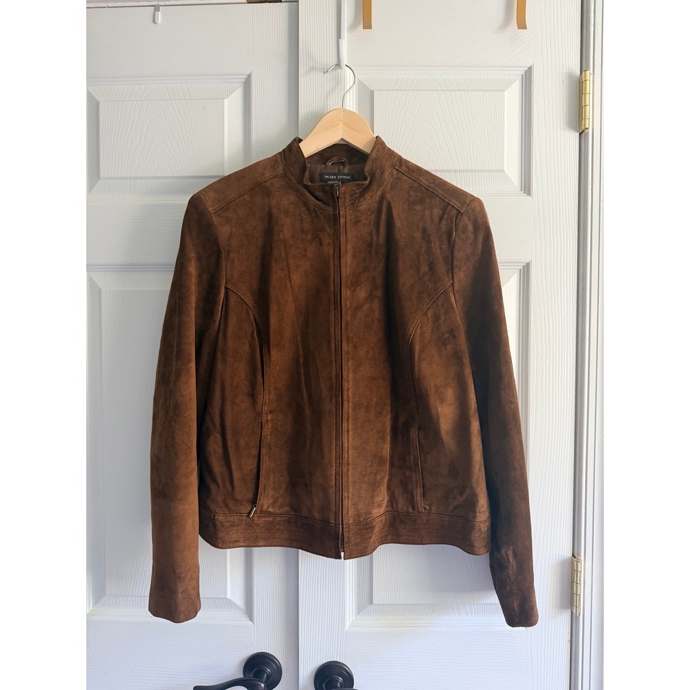 Valerie Stevens Chocolate Brown Suede Leather Jacket Mock Neck Zip Up XL